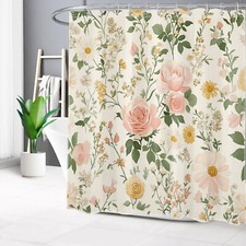 Green Leaf Pink Rose Yellow Wildflower Shower Curtain Set for Bathroom Decor — custom printed polyester bath curtain