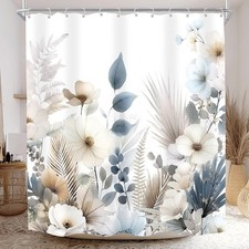 Blue Beige Boho Floral Watercolor Flower Leaves Bathroom Shower Curtain Set — custom printed polyester bath curtain