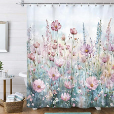 Boho Floral Shower Curtain, Colorful Pink Romantic Watercolor Flower Fabric Show — custom printed polyester bath curtain