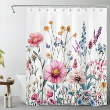 Rustic Green Leaves Pink Wildflower Fall Shower Curtain Bathroom Accessories Set — custom printed polyester bath curtain