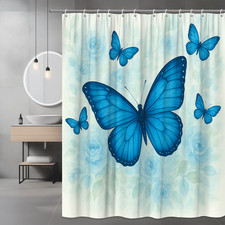 Blue Butterfly Shower Curtain with Floral Background Design — custom printed polyester bath curtain