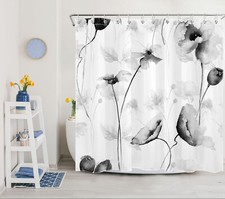 Vintage Black and Grey Watercolor Floral Shower Curtain Set for Bathroom Decor — custom printed polyester bath curtain