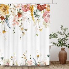 Aesthetic Blooming Floral Shower Curtain Sets, Watercolor Yellow Red Flowers Whi — custom printed polyester bath curtain