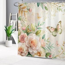 Botanical Green Butterfly Pink Floral Shower Curtain Set for Bathroom Decor — custom printed polyester bath curtain