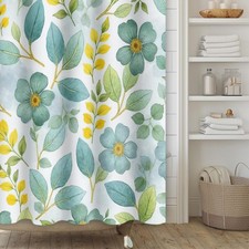 Teal Blue Floral Shower Curtain,Cyan Flower Shower Curtain Set for Bathroom,G... — custom printed polyester bath curtain