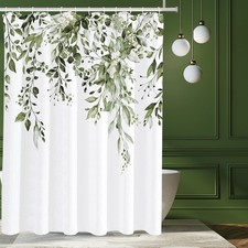 Olive Green Eucalyptus Shower Curtain Set Watercolor Plant Leaf 72x72 Inch Hook — custom printed polyester bath curtain