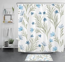Botanical Green Leaf Blue Floral on White Shower Curtain Set for Bathroom Decor — custom printed polyester bath curtain