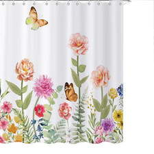 Spring Floral Shower Curtain 72 X 72 Colorful Watercolor Wildflowers Butterflies — custom printed polyester bath curtain