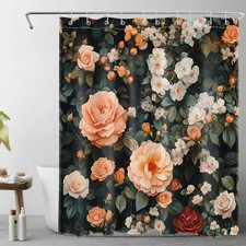 Farmhouse Green Leaves Orange Floral Shower Curtain Bathroom Accessories Set — custom printed polyester bath curtain