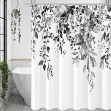 Black White Eucalyptus Grey Watercolor Plant Leaves Floral Shower Curtain 72x72 — custom printed polyester bath curtain