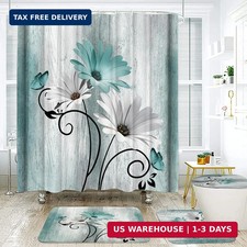 4PCS Teal Daisy Country Farmhouse Shower Curtain Set with Shower Curtai — custom printed polyester bath curtain