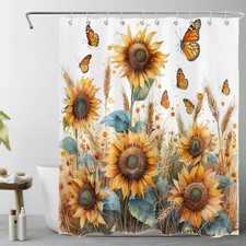 Fall Leaves Butterfly Yellow Sunflower Shower Curtain Set for Bathroom Decor — custom printed polyester bath curtain