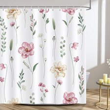 Pink Beige Floral Shower Curtain, Watercolor Flower Leaves Modern Minimalist ... — custom printed polyester bath curtain
