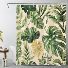 Green Tropical Palm Leaf Botanical Plant Shower Curtain Bathroom Accessories Set — custom printed polyester bath curtain
