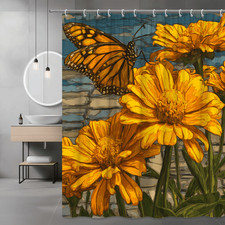 Butterfly and Yellow Flowers Shower Curtain Floral Graphic — custom printed polyester bath curtain