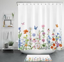 Floral Butterfly Shower Curtain Wild Flower Botanical Bathroom Accessories Set — custom printed polyester bath curtain