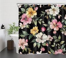 Country Green Leaf Pink Wildflower Black Shower Curtain Set for Bathroom Decor — custom printed polyester bath curtain