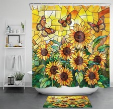 Butterfly Yellow Sunflower Stained Glass Shower Curtain Bathroom Accessories Set — custom printed polyester bath curtain