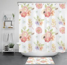 Country Style Botanical Leaf Pink Flower Shower Curtain Set for Bathroom Decor — custom printed polyester bath curtain