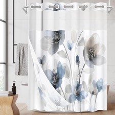 No Hook Shower Curtain with Snap in 71"W x 74"L (Pack of 1) Blue Grey Flower — custom printed polyester bath curtain