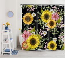 Plant Pink Daisy Yellow Sunflower on Black Shower Curtain Set for Bathroom Decor — custom printed polyester bath curtain