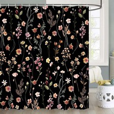 Boho Rustic Floral Shower Curtain,Black Cottagecore Vintage Flower Botanical Sho — custom printed polyester bath curtain