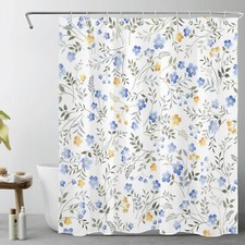 Green Botanical Blue and Yellow Wildflower Shower Curtain Set for Bathroom Decor — custom printed polyester bath curtain