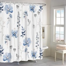 Blue Floral Shower Curtain Watercolor Blue Grey Elegant Flower Leaves Set — custom printed polyester bath curtain