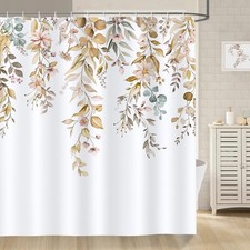 72x72 Inch Tan Eucalyptus Shower Curtain Pink Floral Watercolor 12 Hooks — custom printed polyester bath curtain