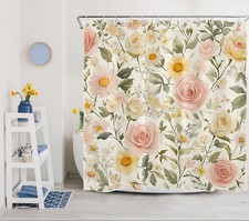 Spring Green Leaf Pink Rose Yellow Daisy Shower Curtain Set for Bathroom Decor — custom printed polyester bath curtain