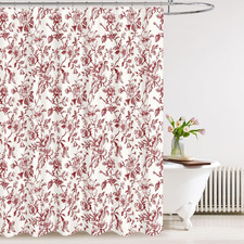 Boho Rustic Christmas Red Flower Faux Linen Shower Curtain, Vintage Bathroom Dec — custom printed polyester bath curtain