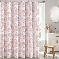 Extra Long Pink Floral Shower Curtain 72x84 Inches Linen Fabric 12 Hooks — custom printed polyester bath curtain
