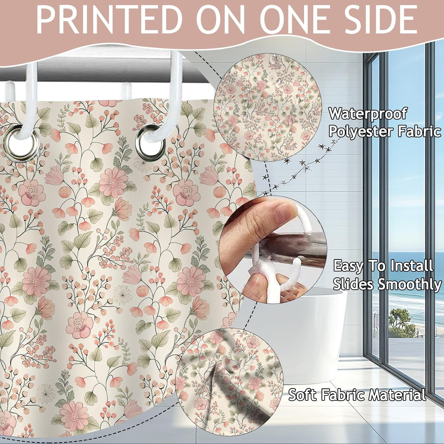 Custom Printed Bath Curtain — custom printed polyester bath curtain detail view