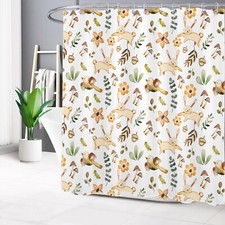 Botanical Green Leaf Flower Bird Rabbit Shower Curtain Set for Bathroom Decor — custom printed polyester bath curtain