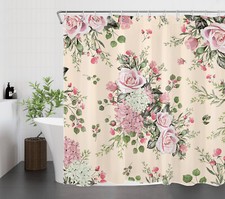 Beige Farmhouse Green Leaf Pink Floral Shower Curtain Set for Bathroom Decor — custom printed polyester bath curtain