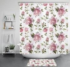 Green Leaf Pink Rose Floral Valentine Shower Curtain Set for Bathroom Decor — custom printed polyester bath curtain