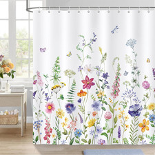 Floral Shower Curtain, Watercolor Flower Butterfly Plants Spring — custom printed polyester bath curtain