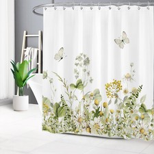 Sage Green Butterfly Yellow Daisy Floral Shower Curtain Set for Bathroom Decor — custom printed polyester bath curtain