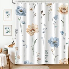 Blue Beige Floral Shower Curtain Spring Watercolor Waterproof Fabric 72x72 Inch — custom printed polyester bath curtain