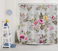 Rustic Pink and Yellow Rose Floral on Grey Shower Curtain Set for Bathroom Decor — custom printed polyester bath curtain