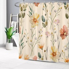 Yellow and Pink Wildflower on Beige Shower Curtain Bathroom Accessories Set — custom printed polyester bath curtain
