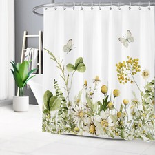 Green Butterfly Watercolor Yellow Floral Shower Curtain Bathroom Accessories Set — custom printed polyester bath curtain