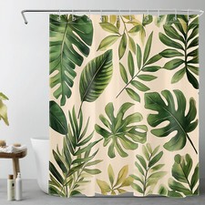 Beige Green Palm Leaf Tropical Botanical Shower Curtain Bathroom Accessories Set — custom printed polyester bath curtain