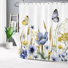Watercolor Butterfly Daisy Blue Wildflower Shower Curtain Set for Bathroom Decor — custom printed polyester bath curtain