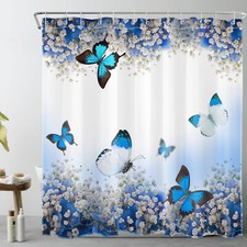 Blue Butterfly Garden Plant White Floral Shower Curtain Bathroom Accessories Set — custom printed polyester bath curtain