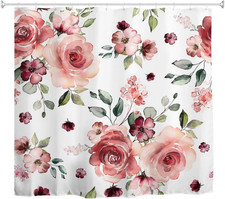 Floral Shower Curtain, Pink Rose Flowers Waterproof Fabric Shower Curtains Set w — custom printed polyester bath curtain