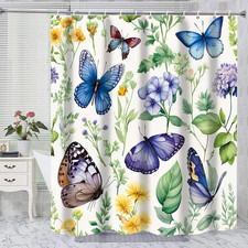 Boho Style Floral Plant Butterfly Shower Curtains, Waterproof Unique Flower Girl — custom printed polyester bath curtain