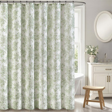 Sage Green Floral Shower Curtain, Linen Textured Fabric with 12 Rustproof Metal — custom printed polyester bath curtain