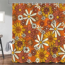 Flower Shower Curtain, Vintage Orange Funky 70s Sun Flowers Boho Colorf... — custom printed polyester bath curtain
