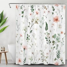 Summer Green Eucalyptus Leaf Pink Floral Shower Curtain Set for Bathroom Decor — custom printed polyester bath curtain